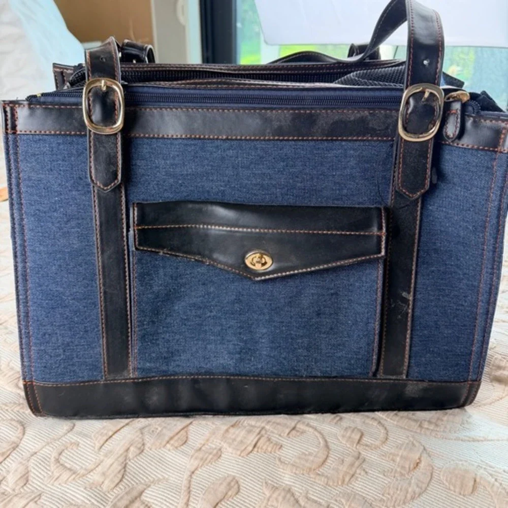 A Pet with Paws Denim Pet Carrier Bag Blue Black Small Dog Cat Tote Travel Case